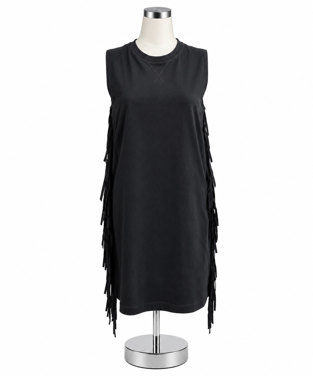 McQ by Alexander McQueen Fringe Trim Tank Dress Black Cotton Jersey Size Small